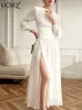 基本的なカジュアルドレスUCXQエレガントな白いドレスプリーツデザインフレアスリーブスプリットアバヤ2023女性フロックディナーウェディングベスティドス女性ローブ230721