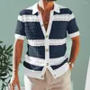 Men's Sweaters Men Top Hollow Out Design Short Sleeve Lapel Summer Outdoor Cardigan Stripe Knitting Shirt Streetwear Clothes
