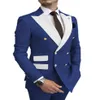 2021 Fashion Royal Blue Men Suits Double Breasted For Wedding Slim Fit Groom Tuxedos 2 Pieces Set Prom Suits Male Jacket Pants240i