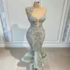 2021 Plus Size Arabisch Aso Ebi Luxuriöse Meerjungfrau Spitze Ballkleider Perlen Sheer Neck Abend Formale Party Zweite Empfangskleider ZJ174I