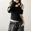 Women's T Shirts Irregular Cut Out Techwear Fashion T-shirts Cyber Y2k Gothic Open Shoulder Sexy Crop Tops Punk Bodycon Women Black Tee