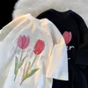 Damen-T-Shirts, reine Baumwolle, koreanische Version des College-Stils, Tulpendruck, kurzärmeliges T-Shirt, 2023, Sommer, lässig, Rundhals-Top, Tren