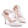 Downton Scarpe da sposa fatte a mano con perle e pizzo Scarpe da sposa a punta Scarpe da damigella d'onore Prom Party con cristalli Cavigliere tacco 9cm 312p