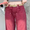 Jeans da donna Boyfriend Style Streetwear Pantaloni larghi da donna in denim a vita alta Y2k Pantaloni lavati vintage lavati a gamba larga con straccio rosso 230721