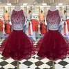 New Short Burgundy Prom Dress 2019 Two Pieces Jewel Neck Bling Beaded Bodice Ruffles Skirts Organza Homecoming Party Dresses Gowns2627