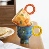 Tazas de café de cerámica con margaritas pintadas a mano de 220ml con asa, taza de té de la leche Floral de estilo coreano, apta para microondas
