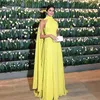 Dubai Formal Dress Women Elegant Chiffon Ruched High Neck Cape Yellow Evening Vestido Longo Festa313p