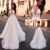 New Lace A Line Boho Wedding Dress Glitter V Neck Arabic Criss Cross Bridal Dresses Vestido De Noiva Beach Wedding Bridal Gowns2122