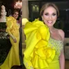 One Long Sleeve Yellow stain Evening Dresses with Ruffles Beaded Crystal Mermaid Prom Dresses Formal Party Gowns247Y