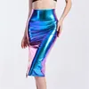 Spódnice szykowne kobiety szczupłe holograficzne spódnicę laserową rozdzielającą talię Midi Office Lady Sexy Knee Długość Summer 230720