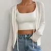 Women's Sweaters White Color Hollow Out Women Cardigans Sweater Full Sleeves Lace Up Spring Coat Jumpers