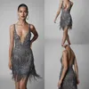 Berta 2021 Sexiga cocktailklänningar Tassel Short Spaghetti V Neck Backless Pärlade promklänningar Illusion Luxury Formell aftonklänning296U