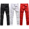 Trendy Men Fashion College Boys Skinny Runway Straight Zipper Denim Pants Destroyed Ripped Jeans Black White Red Jeans1271W