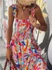 Basic Casual Dresse S Fashion Retro Loose Print Sling Dress Summer Bohemia Style Beach Seaside Maxi Elegant Chic Mönster Long 230720