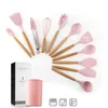 12 STKS Roze Kleur Siliconen Kookgerei Set non-stick Spatel Schop Houten Handvat Koken Gereedschap Set Met opbergdoos Keuken T283s