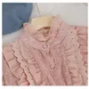 20 New Spring Women Blusa de Renda Rosa Sweety Girl Mesh Shirt Lantern Sleeve Blusas Gola Alta Blusas Básicas Tops Outwear Bottomings