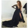 2019 New Sexy black Long Sleeves Formal Evening Dress Slim Fit Side Split Prom Party Gowns Train Length Custom Made Elegant prom d289Z