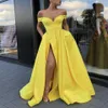 Yellow Evening Dresses with Pockets A-line V-neck Off Shoulder Slit Islamic Dubai Saudi Arabic Long Elegant pageant Evening Gown2309