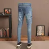 Jeans Masculino Moda de Rua Masculino Retro Azul Elástico Ajuste Justo Emenda Biker Homme Bolso Grande Zíperes Designer Calças Hip Hop