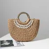 Shell Decor Straw Handbag Top-handle Totes Type Straw Bag Hand-held Semi-circular Shell Hand-made Straw Bag Woven Bag Women's Beach Bag