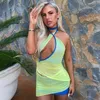 Tvådelklänning Blue Mesh Patchwork Dress Set BodyCon Club Party Two Piece Outfit Women Sexig grimma Backless Crop Top och minikjol kostym Summer 230720