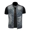 Mäns västar 2023 Spring Autumn Högkvalitet Män Solid Color Stand-Up Collar dragkedja Slim Motorcykel ärmlös denim Waistcoat