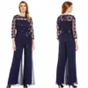 Moda Mãe da Noiva Terno Calça Mangas Compridas Renda Plus Size Mãe Noiva Miçangas Fita Vestidos de Noite Moda1828