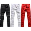 Trendy Men Fashion College Boys Skinny Runway Straight Zipper Denim Pants Destroyed Ripped Jeans Black White Red Jeans1271W