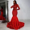 African diamond Mermaid Prom Dresses high neck crystal Long Sleeve Plus Size 3D Rose Even Dress Elegant Formal Party Sequin Gown Black Girls Night prom Wear