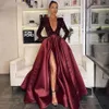 2023 Burgundy Sequined Bridesmaid Prom Dresses Long Sleeve A Line Side Slit Shiny Bridesmaid Party Dress Satin Full Length Sparkle221W