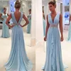 2019 Light Sky Blue Evening Dress Deep V Long 공식 휴가 유명인 유명 인사 쟁기 파티 가운 맞춤형 가운 커스텀 플러스 사이즈 크기 180t