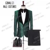 Men Suits With Pants 2019 Italian Tuxedo Slim Velvet Lapel Green Leaves Formal Groom Wedding Prom Party Suits Man Blazer269n