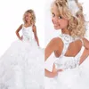 Weißes Organza-Ballkleid-Blumenmädchenkleid für Hochzeit, quadratischer Ausschnitt, Perlenkristall, Mädchen-Festzug-Kleid für Kinder, Abschlussball, Party, Gowns219j