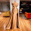 Vestidos de noite de cetim dourado 2021 para mulheres com frisos e fenda alta vestidos de festa de formatura sereia 282B