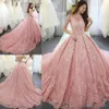 Pink Quinceanera Dresses 2020 Lace Sheer Scoop Neck Sleeveless Sweep Train Custom Made Sweet 15 16 Ball Gown Prom Formal Evening W2591