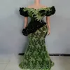 Hunter Green Lace Aso Ebi Evi Suknie wieczorowe Krótkie rękawy Puchnięte syrenę na ramię Kobiety African Plus Size Sukienki Promowe Aplikacje 2947