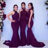 Dark Purple Halter Bridesmaid Dresses Long 2020 Mermaid spetspärlor Formell elegant Evening Dress Prom Party Wedding Gästklänning BR251D