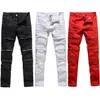 Trendy Mannen Mode College Jongens Skinny Runway Rechte Rits Denim Broek Vernietigd Gescheurde Jeans Zwart Wit Rood Jeans1269e