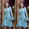 Elegant Sheath Mother Of The Bride Dresses Suits Two Piece Knee Length Light Blue Groom Mom Formal Wear Long Jacket Lace Full Slee226t