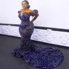 2021 New Sexy African Sequined Evening Dresses Wear Royal Blue Plus Size Off Shoulder Sequins Mermaid Prom Gowns Red Carpet Robe D283z