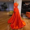 Orange veckad satin en axel aftonklänningar 2021 sexig v hals split prom klänningar formella vestidos de fiesta kändis kvinnor part266m