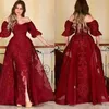 Dark Red Prom Dresses Arabic Off the Shoulder 1 2 Half Sleeves Lace Applique Crystals with Overskirt Evening Ball Gown Party Forma299o