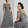 2020 Plus Size Grau Mutter der Braut Bräutigam Kleid Halbarm U-Ausschnitt Spitze Chiffon bodenlang formelle Abendkleider Custom M289p