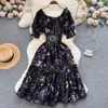 Grundlegende Casual Kleider Runway Kleid 2023 Frühling Sommer Mode Kleidung Vintage Blume Gedruckt Hohe Taille Sexy Quadrat Kragen Elegante Party roben