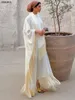 Etniska kläder blygsamma muslimska batwinghylsa Tassel Kaftan Light Apricot Corban Eid Al Adha Party Evening Dresses Marockan Turkiet Dubai Abaya 230721