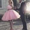 Baby Pink 2020 Abiti da laurea Puffy Ball Gown Pizzo Perline Ragazze Party Homecoming Dress Plus Size Lace Up Mini Lunghezza Tutu Ski2806