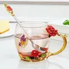 Mugs 330ml Heat Resistant Mom Wife Tea Cup Decorative Glass Coffee Mug Birthday Drinkware Anniversary Red Roses Transparent Handmade