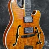 Languedoc G2 Semi Hollow Body Brown Spalted Maple Top elektrische gitaar Gesneden ebbenhouten staartstuk Small Block Inlay Dubbele F-gaten Chrome Hardware Schaller Tuners