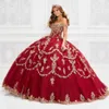 Sparking Red Lace Quinceanera Dresses Off The Shoulder Gold Applique Ball Gown Floor Length Prom Dress Vestido De Festa Sweet 16 D181s