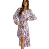 Casual Dresses Maxi Dress V Neck Large Hemline Loose Puff Long Sleeve Elegant A-Line Floral Print For Daily Wear